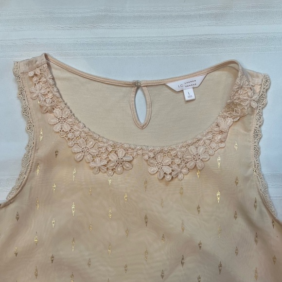 Tank‎ Top Lauren Conrad Floral Crochet Lace Trim Metallic Gold Print Sz L EUC - Picture 5 of 13